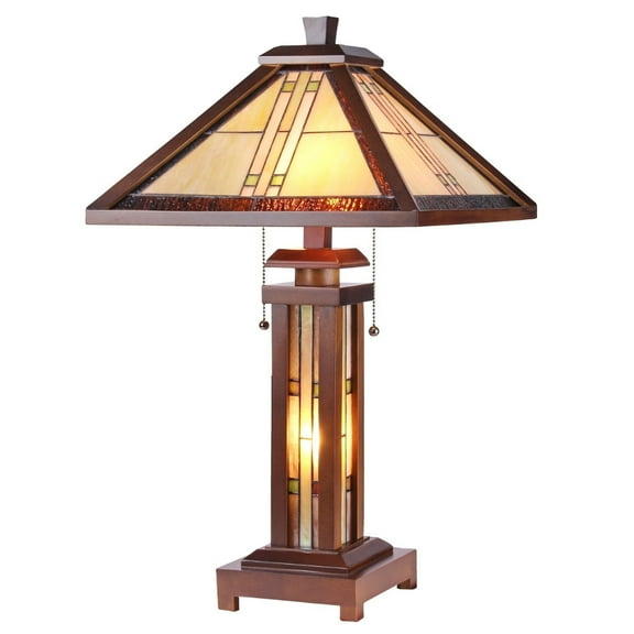 Tiffany Style Double Lit Table Lamp with Hand Cut Glass Panels, Brown