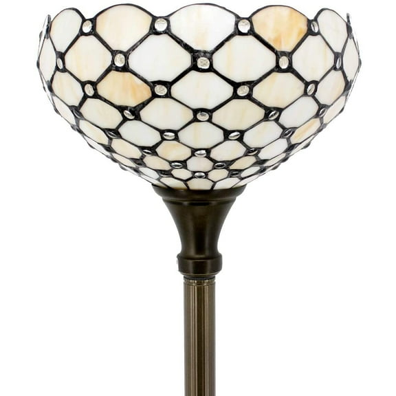 Tiffany Style Floor Lamp Torchiere Up Lighting W12H66 Inch Amber Stained Glass Crystal Bead Lampshade Antique Standing Iron Base 1E26 Foot Switch S005 Living Room Home Office Decoration