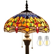 Tiffany Style Floor Standing Lamp W16H64 Inch Tall (2 LED Bulb Included) Orange Blue Stained Glass Crystal Bead Dragonfly Lampshade Antique Reading Lighting Base S168 Lamps Bedroom Gifts