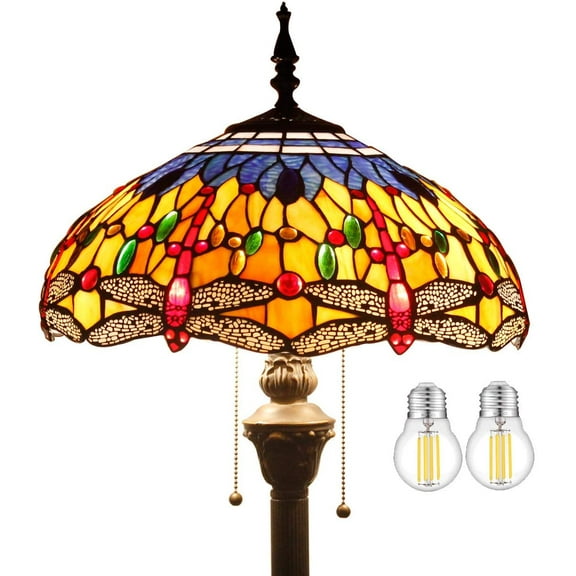 Tiffany Style Floor Standing Lamp W16H64 Inch Tall (2 LED Bulb Included) Orange Blue Stained Glass Crystal Bead Dragonfly Lampshade Antique Reading Lighting Base S168 Lamps Bedroom Gifts