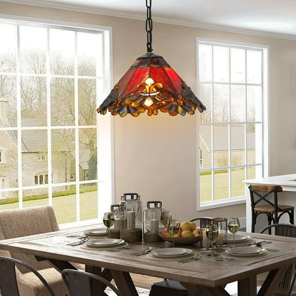 Tiffany Style Handmade Stained Glass Pendant Light  Colorful Copper Iron, 12.59in Shade, E26 Base  for Dining Rooms & Farmhouses