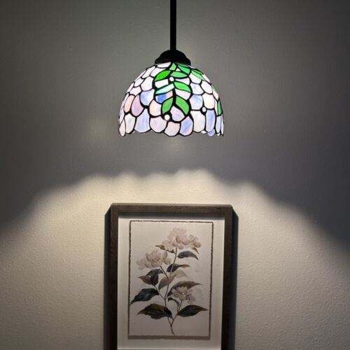Tiffany Style Hanging Lamp Purple Stained Glass Green Leaves LED Bulb for Dining Room Island Kitchen 60"H*8"W*8"D