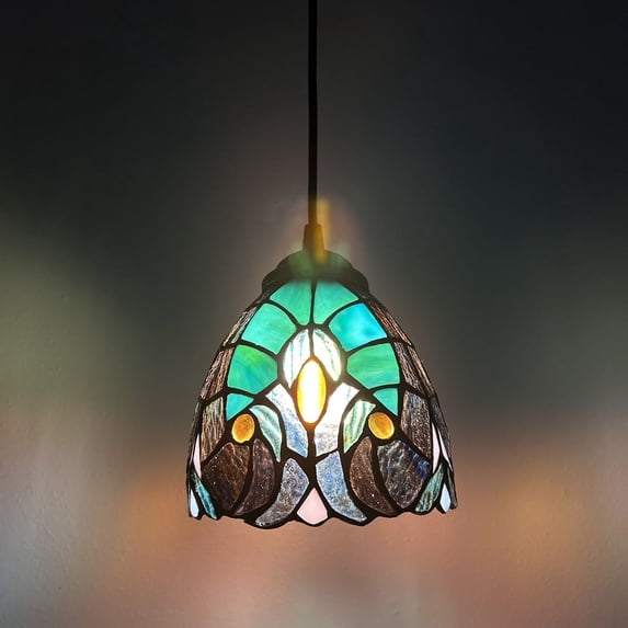 Tiffany Style Mini Hanging Lamp Green Brown Stained Glass LED Bulb Included 6”W*6”D*50”H