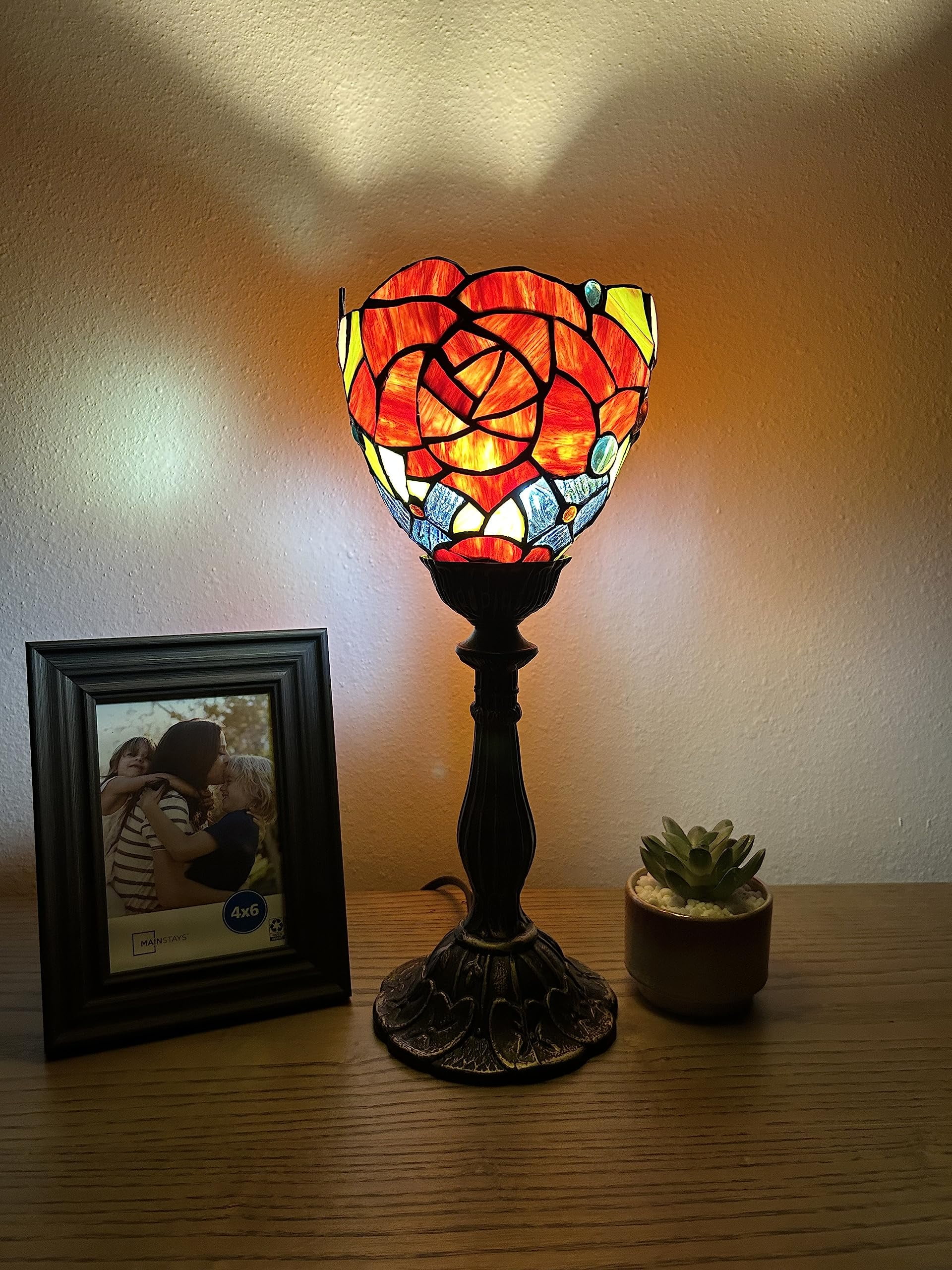 Tiffany Style Mini Torch Table Lamp Stained Glass Rose Flowers