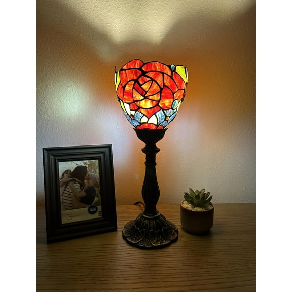 Tiffany Style Mini Torch Table Lamp Stained Glass Rose Flowers Included LED Bulb 15'H*6"W