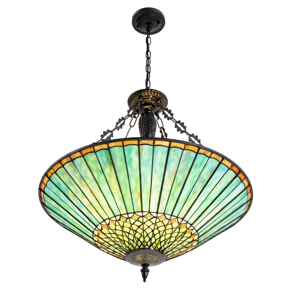 Tiffany-Style Pendant Light with Emerald Green Stained Glass Shade, Adjustable Height, 5 E26 Bulb Fixture for Modern Home Decor