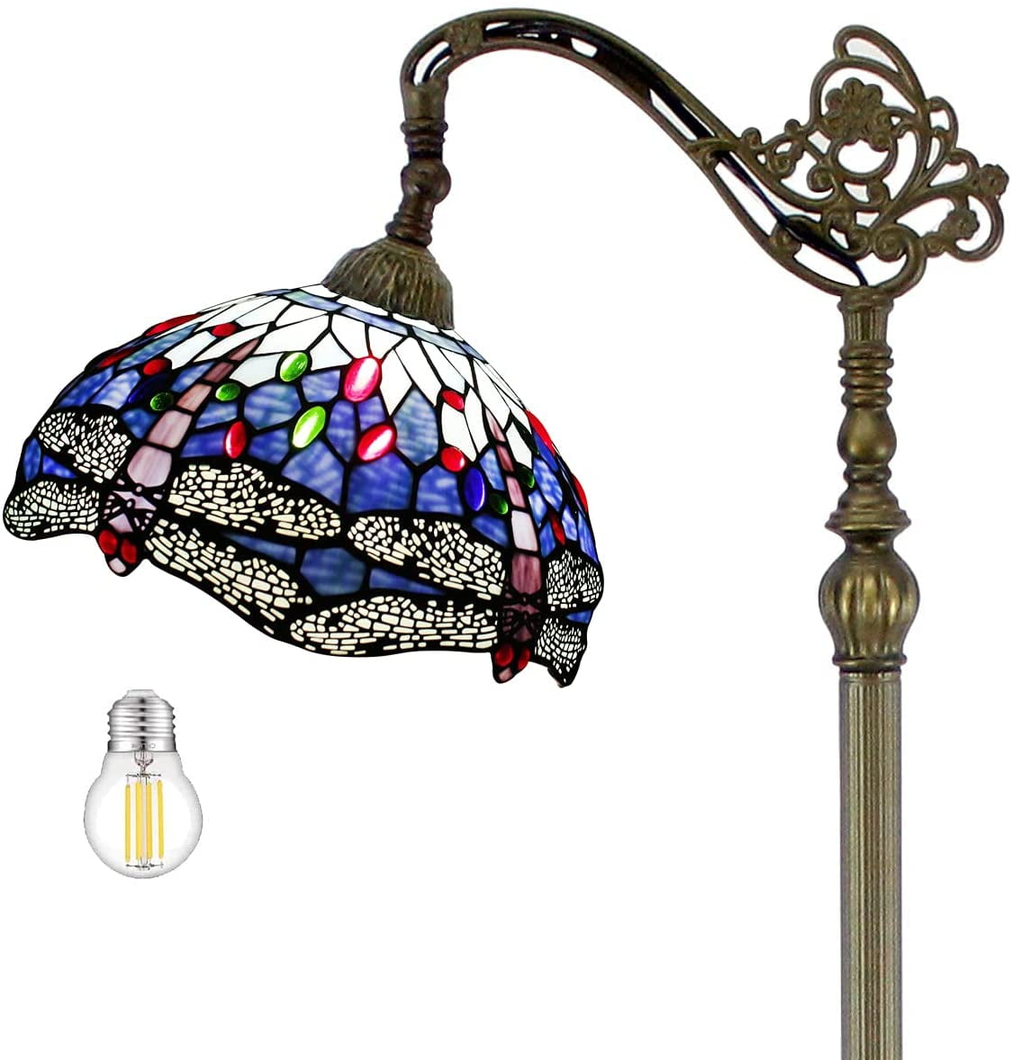 WERFACTORY 64" Baroque Antique Bronze Floor Lamp with Stained Glass Multicolor Dragonfly Bowl
