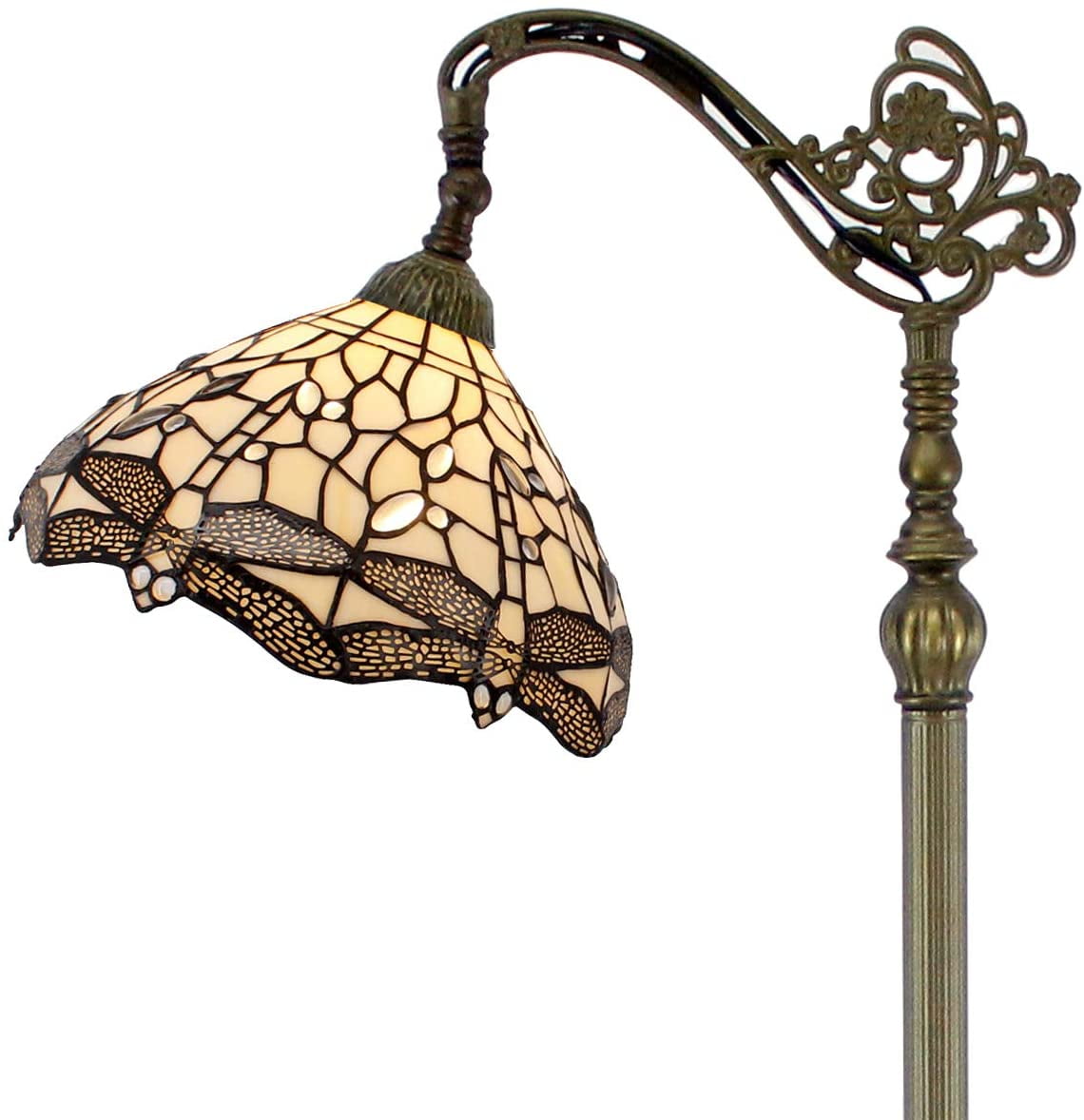 Tiffany Style Reading Floor Lamp Lighting W12H64 Inch 1E26 Cream Stained Glass Crystal Dragonfly Shade Antique Arched Resin Base Foot Switch Easy Assemble S139 LAMPS Lover Home Decoration
