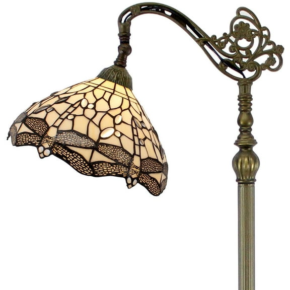 Tiffany Style Reading Floor Lamp Lighting W12H64 Inch 1E26 Cream Stained Glass Crystal Dragonfly Shade Antique Arched Resin Base Foot Switch Easy Assemble S139 LAMPS Lover Home Decoration