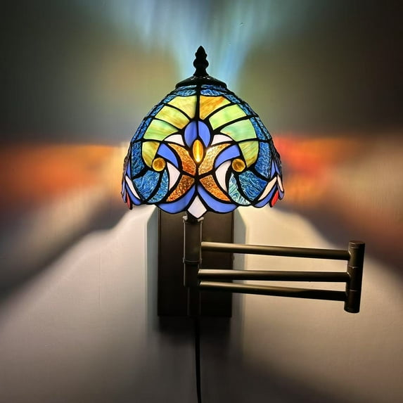 Tiffany Style Sconce Lamp Plug In Swing Arm Blue Green Stained Glass LED Bulb Included 13”W*8”D*15”H