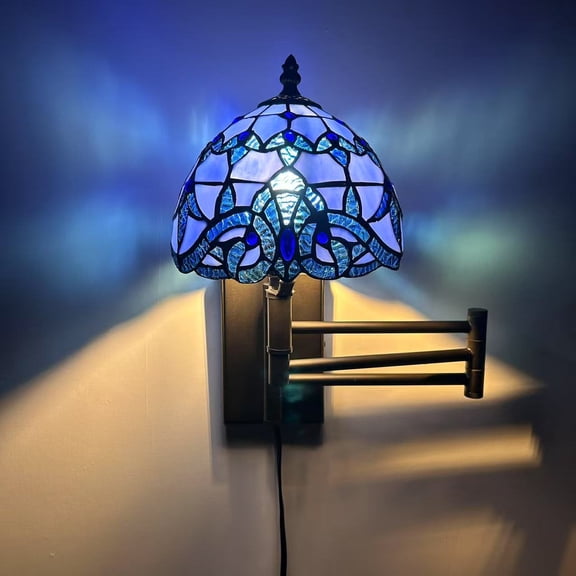 Tiffany Style Sconce Lamp Plug In Swing Arm Blue Stained Glass Baroque Style LED Bulb Included 13W*8D*15H