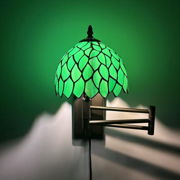 Tiffany Style Sconce Lamp Plug in Swing Arm Green Stained Glass Leaves LED Bulb Included 13W*8D*15H
