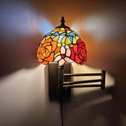 Tiffany Style Sconce Lamp Plug in Swing Arm Stained Glass Rose Flowers LED Bulb Included 13 W*8 D*15 H