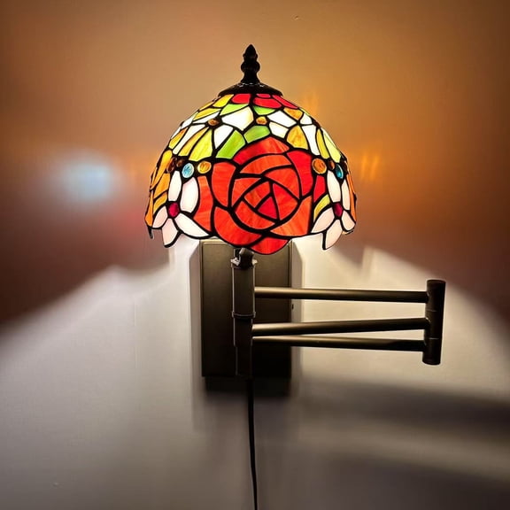Tiffany Style Sconce Lamp Plug in Swing Arm Stained Glass Rose Flowers LED Bulb Included 13W*8D*15H