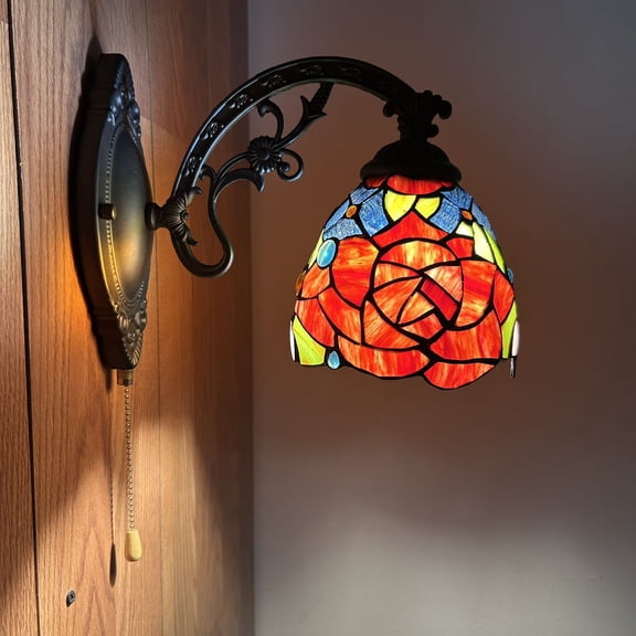 Tiffany Style Sconce Lamp Stained Glass Rose Flowers LED Bulb Included 6"W*11"D*9"H