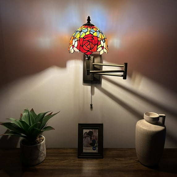 Tiffany Style Sconce Lamp Swing Arm Blue Stained Glass Dragonfly LED Bulb Included 13”W*8”D*15”H