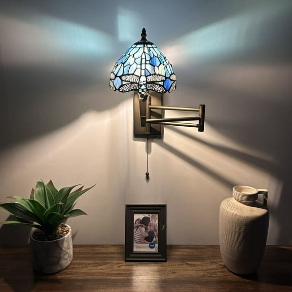 Tiffany Style Sconce Lamp Swing Arm Blue Stained Glass Dragonfly LED Bulb Included 13W*8D*15H