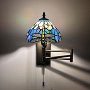 Tiffany Style Sconce Lamp Swing Arm Blue Stained Glass Dragonfly LED Bulb Included 13 W*8 D*15 H
