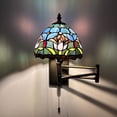 thumbnail image 1 of Tiffany Style Sconce Lamp Swing Arm Blue Stained Glass Purple Tulips LED Bulb Included 13”W*8”D*15”H, 1 of 8