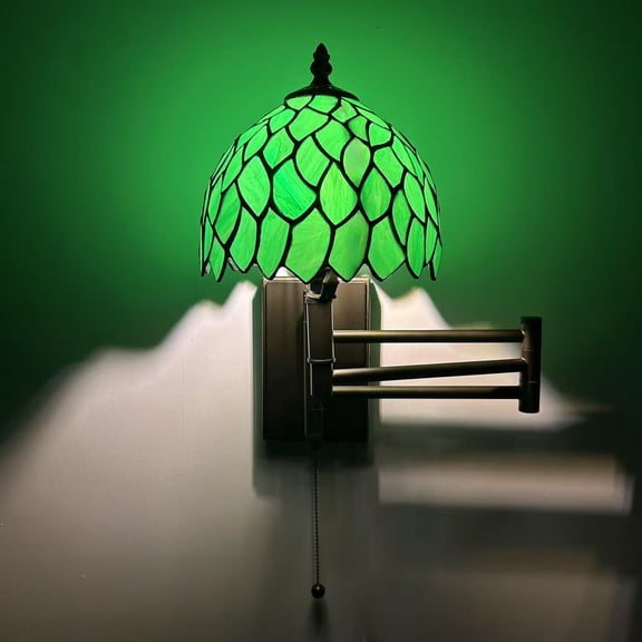 Tiffany Style Sconce Lamp Swing Arm Green Stained Glass Leaves LED Bulb Included 13W*8D*15H