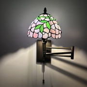 Tiffany Style Sconce Lamp Swing Arm Purple Stained Glass Green Leaves LED Bulb Included 13 W*8 D*15 H