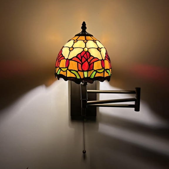 Tiffany Style Sconce Lamp Swing Arm Stained Glass Red Tulips LED Bulb Included 13W*8D*15H