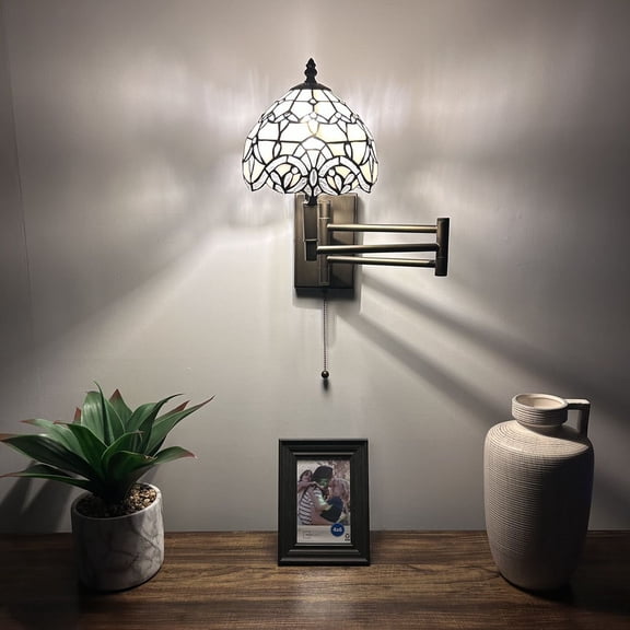 Tiffany Style Sconce Lamp Swing Arm White Stained Glass Baroque Style LED Bulb Included 13”W*8”D*15”H