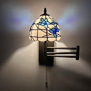 Tiffany Style Sconce Lamp Swing Arm White Stained Glass Blue Flowers LED Bulb Included 13 W*8 D*15 H