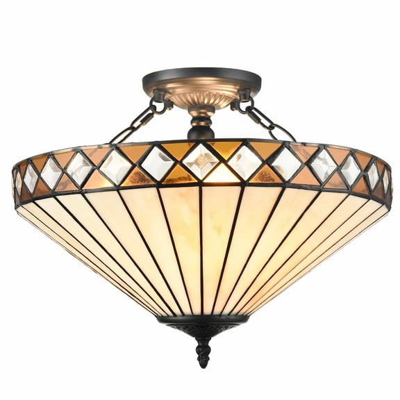 Tiffany Style Semi Flush Mount Light 3-Light Stained Glass Ceiling Light Fixture