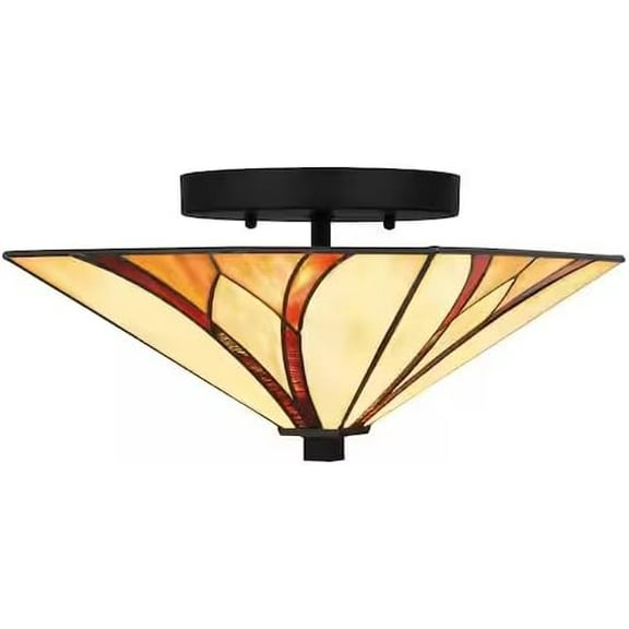 Tiffany Style Semi-Flush Mount Piramide Ceiling 2-Light Fixture with Geometric Stained Glass Shade and Matte Black Finish for Home Lighting