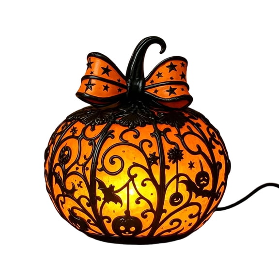 Tiffany Style Stained Glass Pumpkin Lamp Gothic Halloween Jack-O-Lantern LED Light Up Tabletop Decor 1Pc