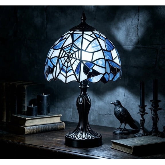 Tiffany-Style Stained Glass Table Lamp, 9.8 Inch Antique Bedside Lamp, Gothic Web Halloween Decor Light with Base for Living Room Study Desk