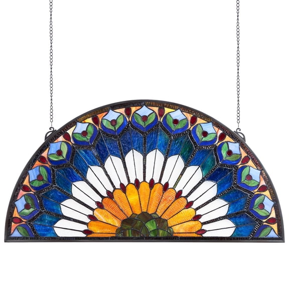 Tiffany Style Stained Glass Window Panel 36x18 Inches Semi Circular Hanging Window with Chain Vintage Traditional Art Craftsmanship Kitchen Home Decor