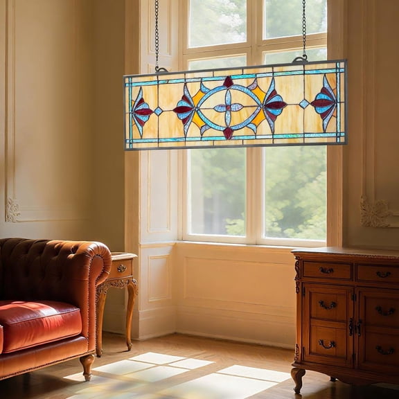 Tiffany Style Stained Glass Window Panel with Chain, 32 X 10 In, Large Horizontal Rectangle Glass Home Decor