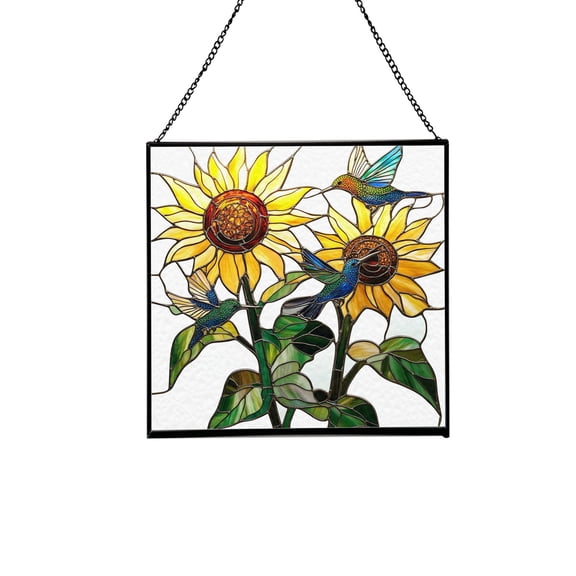 Tiffany Style Sunflower Square Stained Glass Suncatcher – Handmade Hanging Window Panel for Bright Home, Garden, Office Decor 52CA17