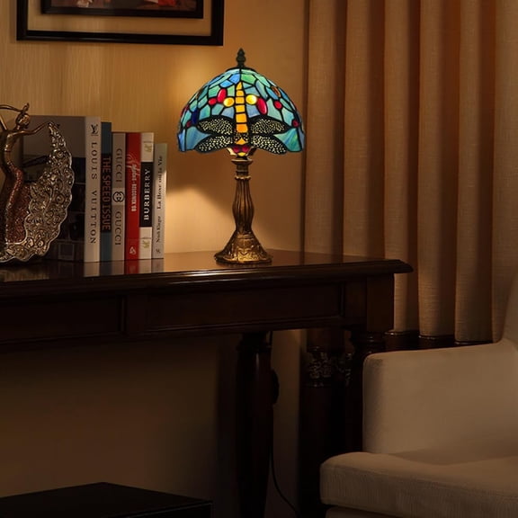 Tiffany Style Table Lamp 8" Teal Dragonfly Series Stained Glass Lampshades, Bedroom Lamps for Nightstand, Desk Lamps for Home Office, Bedside Reading Lamp Vintage Art  Gifts Victorian