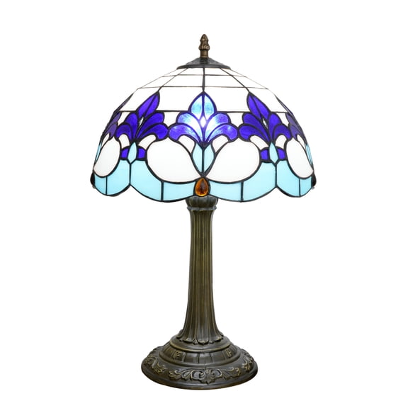 Blivuself Tiffany Style Table Lamp with Blue Iris Stained Glass Lamp 12 Inch Retro Bronze Base Bedside Lamp Living Rooms, Offices, Coffee Shop European Style Decorative Ambient Light Bedside Lamp