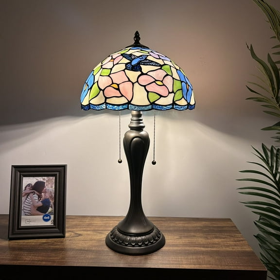 Tiffany Style Table Lamp Pink Blue Stained Glassa Hummingbird Flowers for Living Room Bedroom Bedside 12"W*12"D*22"H