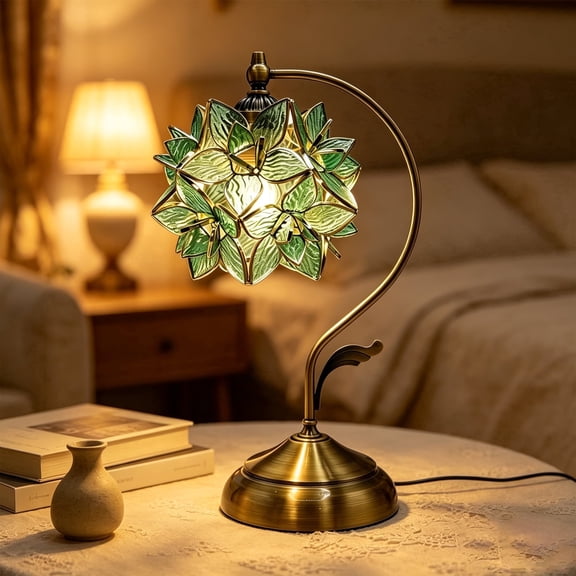 Tiffany Table Lamp, Vintage Stained Glass Flower Lamp with Brass Base for Home, 1-Pack