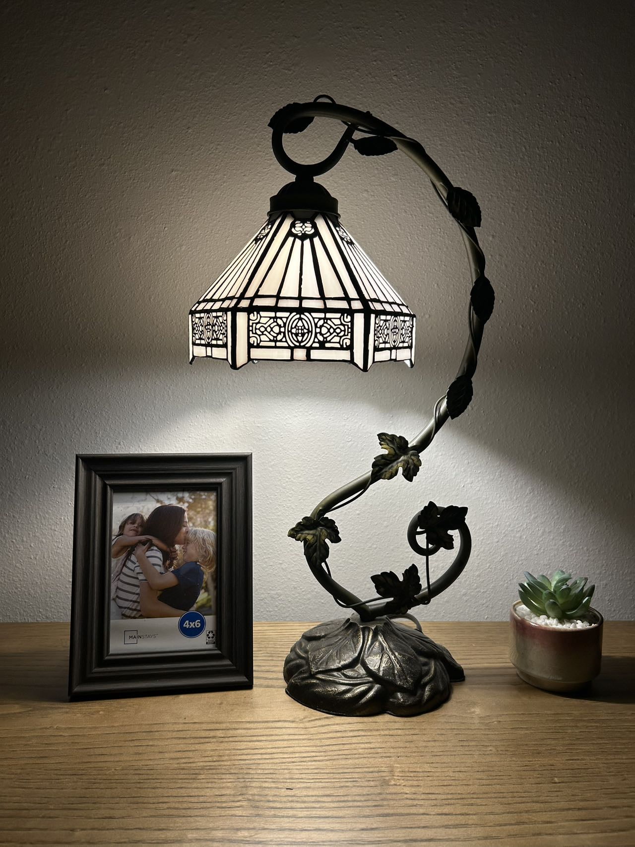 White Stained Glass Table Lamp with Bronze Vine Base