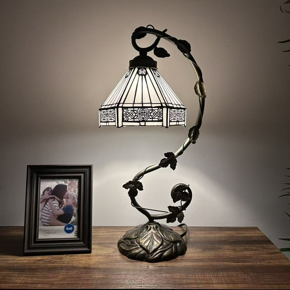 Tiffany Style Table Lamp White Hexagon Stained Glass Iron Metal Leaves Bronze Base for Living Room Dining Room Bedroom Bedside 21"H*11'W