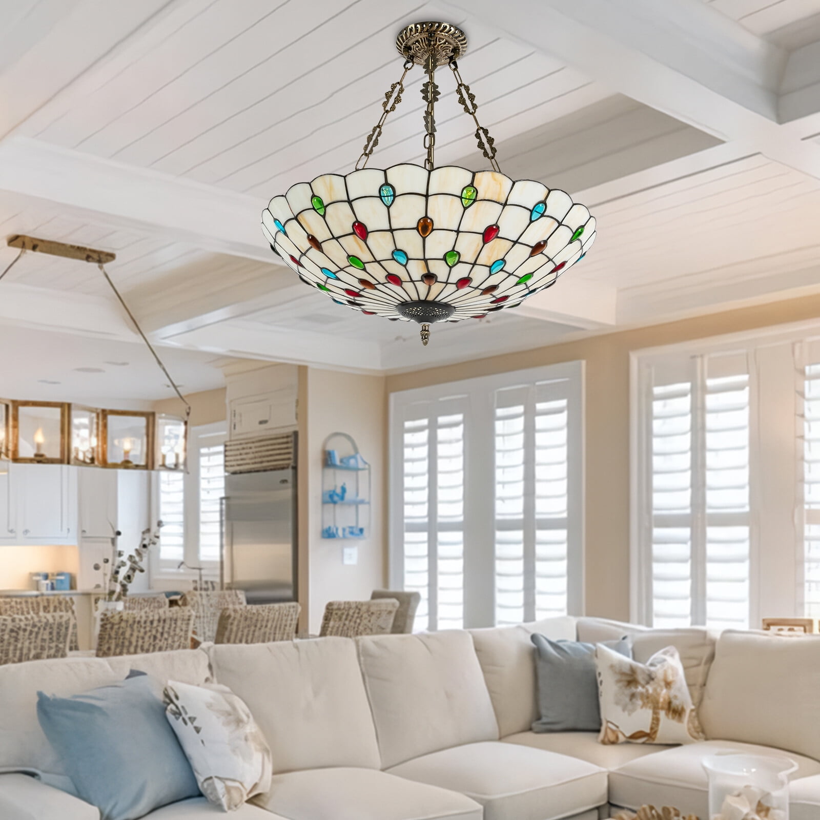 Tiffany Style Vintage Chandelier Stained Glass Flush Mount Ceiling Light Fixture Pendant Lamp Without Bulb