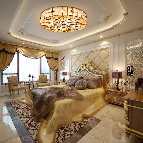 Tiffany Style Vintage Stained Glass Flush Mount Ceiling Light Pendant Lamp 25W 17.72*3.15in for A Living Room, Dining Room, Study