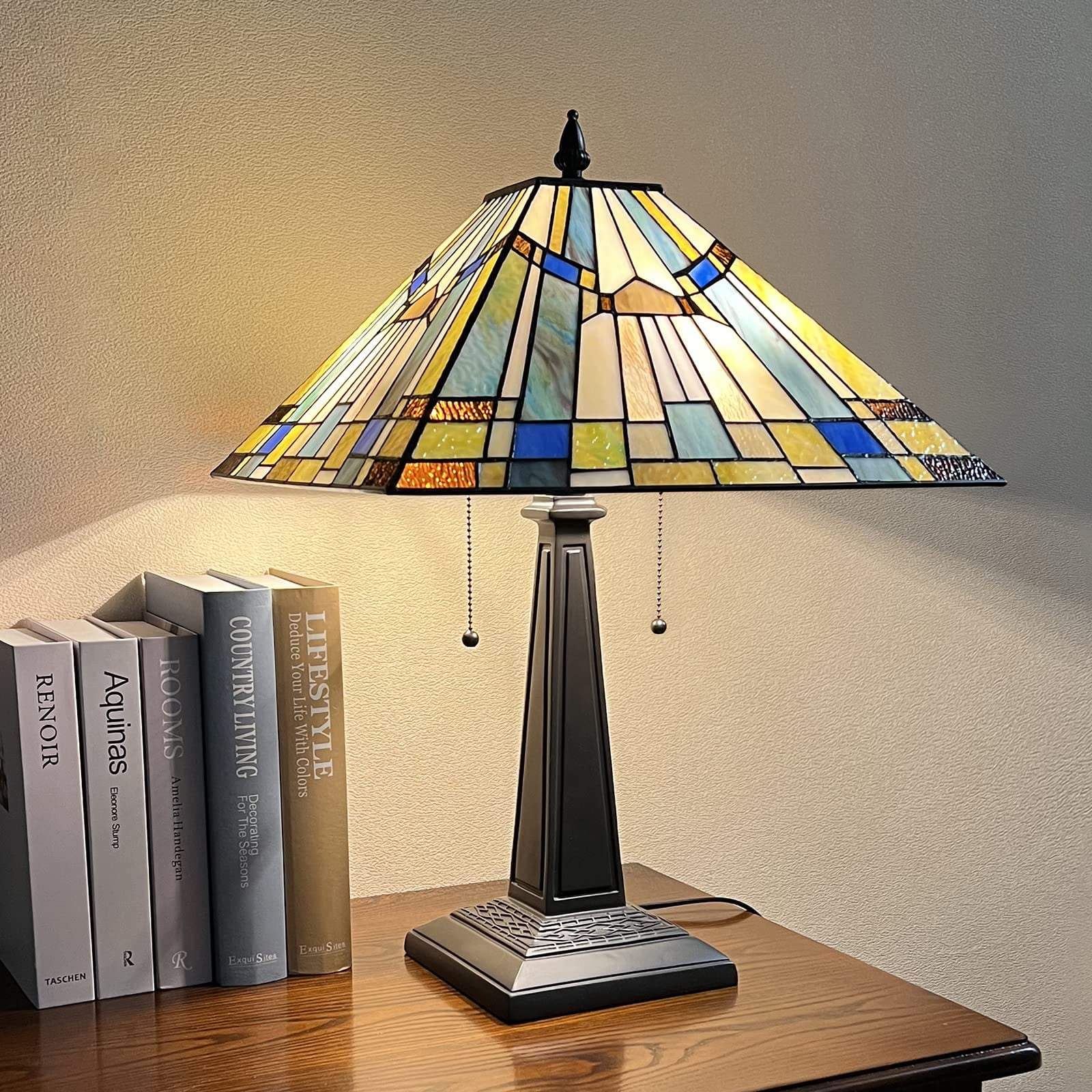 Tiffany Table Lamp 16" Wide Handmade Stained Glass Lamp Shade 2 Light Vintage Table Lamp for Living Room Bedroom
