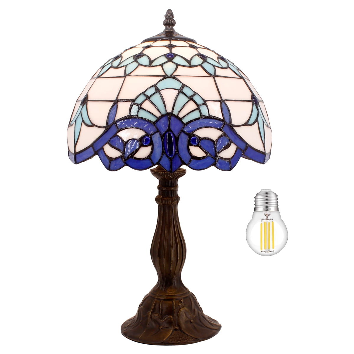 Tiffany Table Lamp Bedside Navy Blue Baroque Stained Glass Style Desk Reading Light 18" Inch Tall Living Bedroom Vintage Memory Sympathy Library Banker Boho Victorian Type