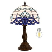 Tiffany Table Lamp Bedside Navy Blue Baroque Stained Glass Style Desk Reading Light 18" Inch Tall Living Bedroom Vintage Memory Sympathy Library Banker Boho Victorian Type WERFACTORY LED Bulb Included