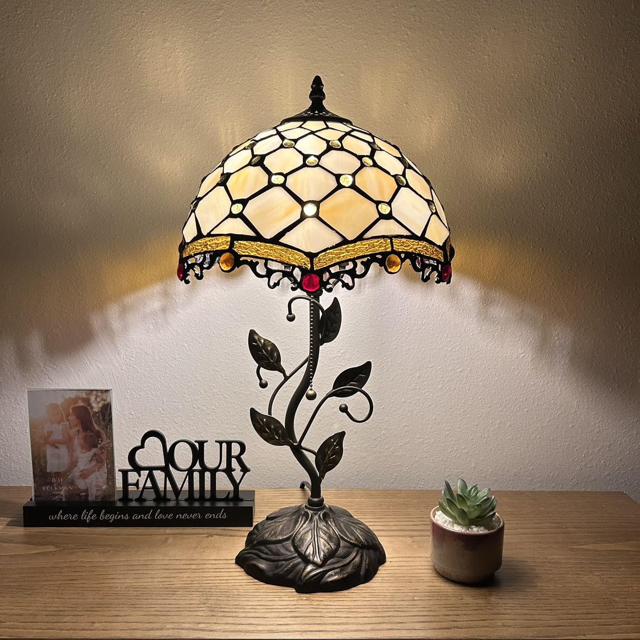 Tiffany Table Lamp Beige Stained Glass Crystal Beans Iron Metal Leaves Bronze Base Included LED Bulb for Living Room Dining Room Bedroom Bedside 12"W*12"D*22"H