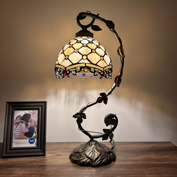 Tiffany Table Lamp Beige Stained Glass Crystal Beans Iron Metal Leaves Bronze Base Included LED Bulb Vintage for Living Room Dining Room Bedroom Bedside Office Hotel H21"