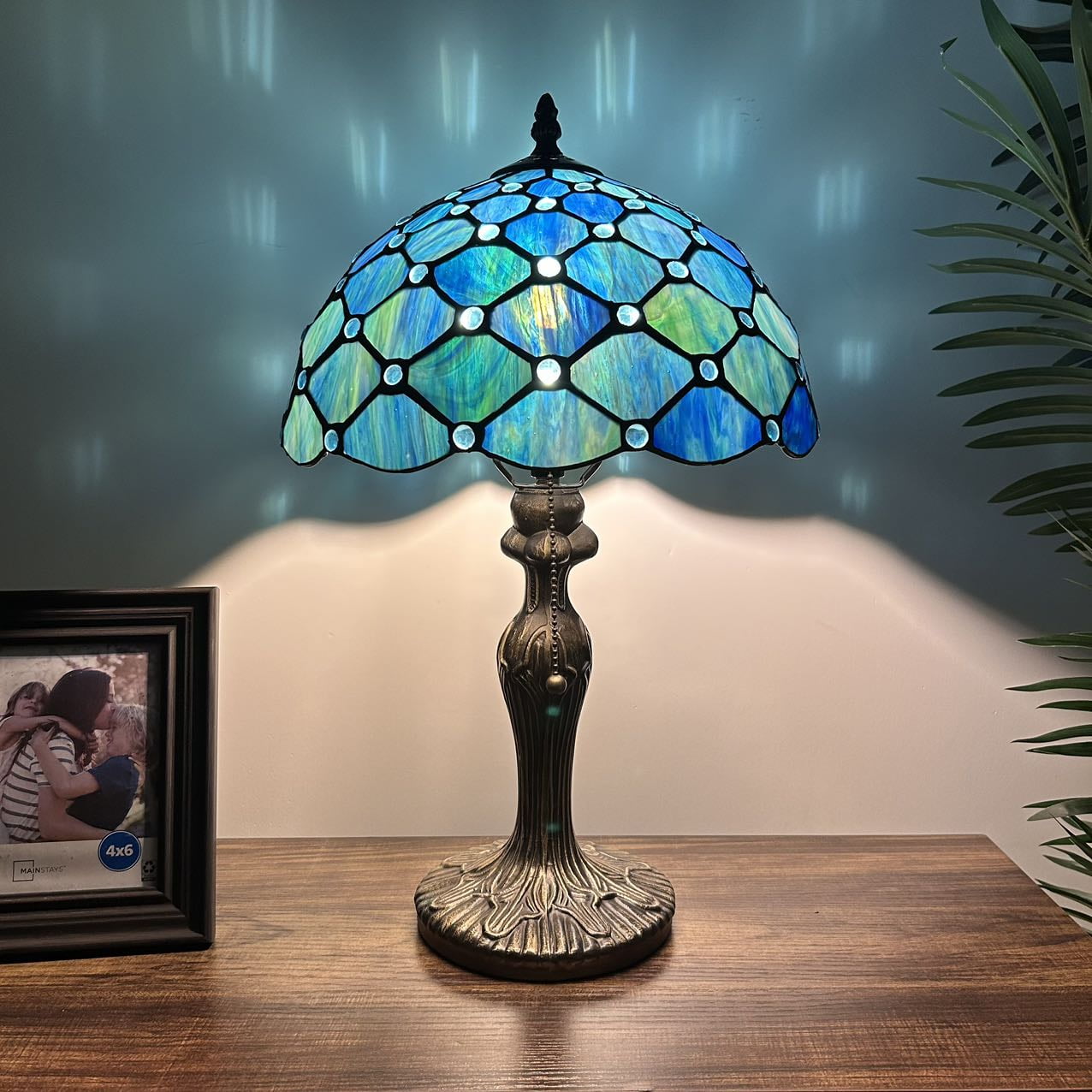 Tiffany Table Lamp Blue Green Stained Glass Crystal Beans Included LED Bulb For Living Room Bedroom Bedside Office Hotel 12"W*19"H