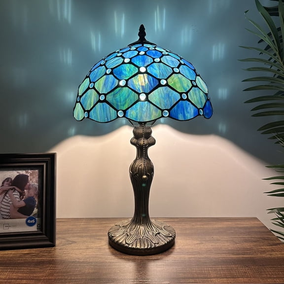 Tiffany Table Lamp Blue Green Stained Glass Crystal Beans Included LED Bulb For Living Room Bedroom Bedside Office Hotel 12"W*19"H